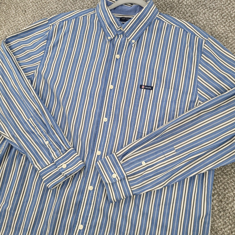 Chaps Mens XL Blue White Striped Easy Care Long Sleeve Button Down Shirt Y2K‎